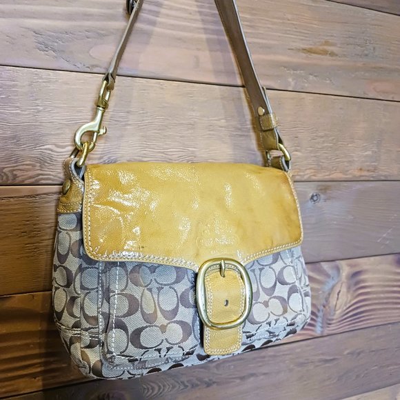 Charming Rustic Camel VINTAGE COACH BLEEKER Shoulder Patent Sig C jacquard - Picture 2 of 16